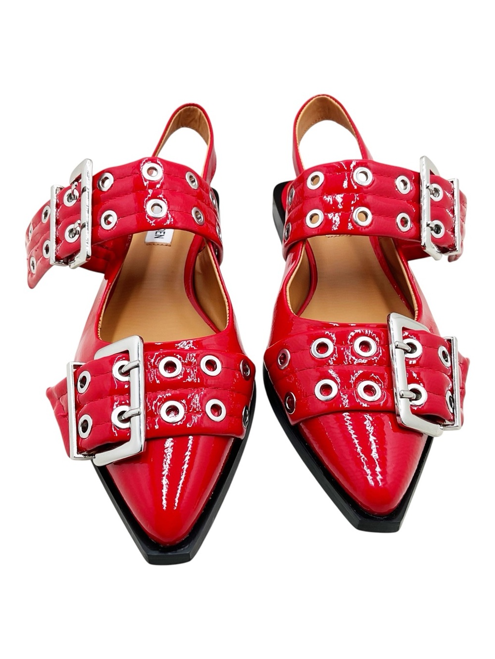 {Steve Madden} Graya Red Patent Studded Buckle Slingback Flats - Picture 2 of 16